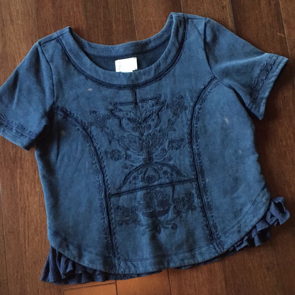 Anthropologie Navy Embroidered Short Sleeve Top - Picture 2 of 11